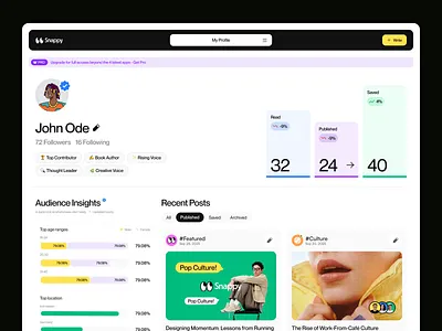 Snappy - Profile & Insights Page analytics article author blog blog website dashboard insight news profile ui uiux web web design website