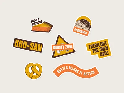 KRO SAN - Sticker Pack bakery brand identity branding cake crossiant graphic design illustration merch merchandise paper design sign sticker sticker pack visual identity yellow branding