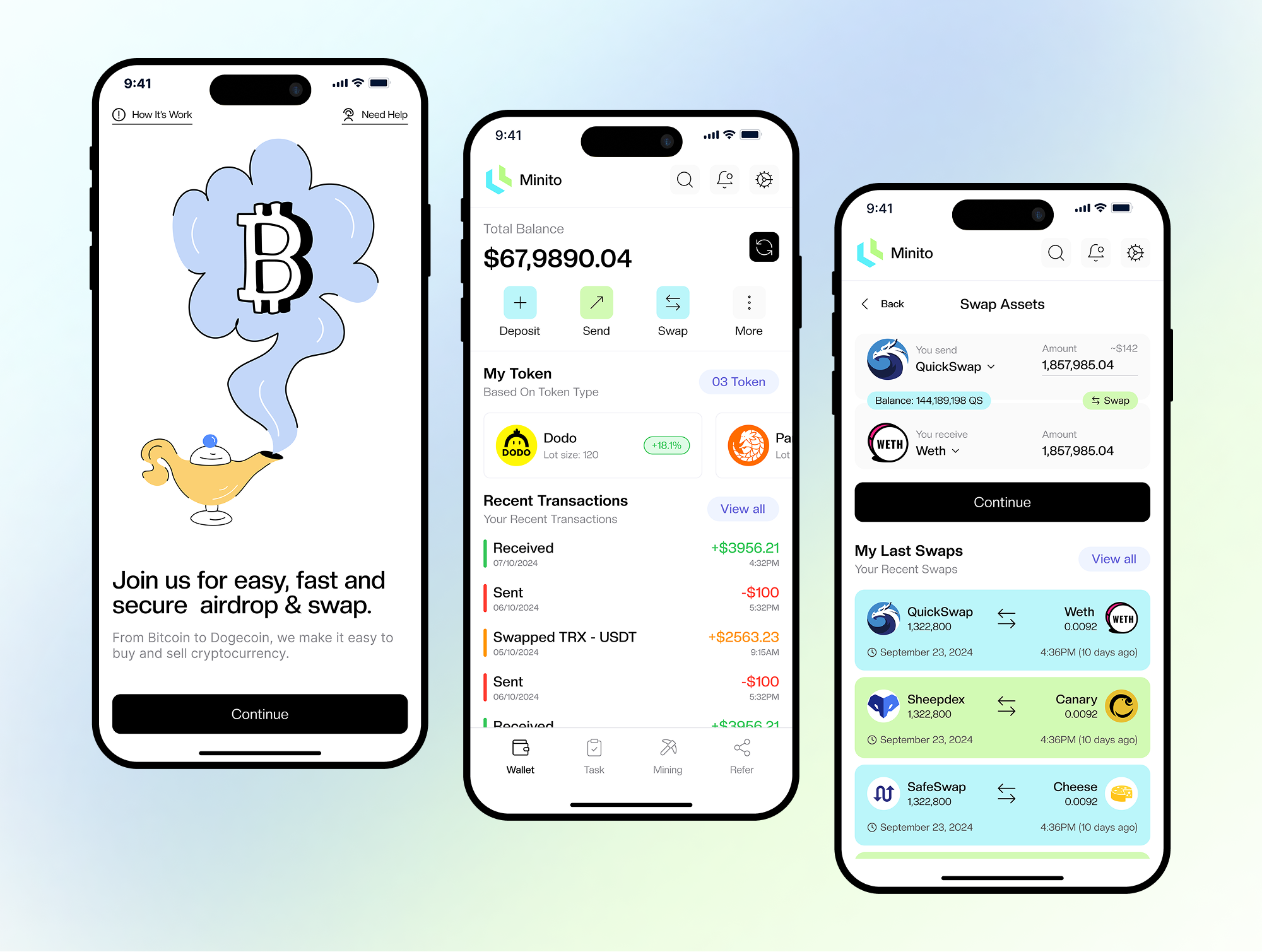 Minito - Crypto Mobile App UI Kit android app ui app ui kit crypto app design crypto swap app figma figma app ui figma design finance app fintech fintech design ios ui mobile app design mobile app development mobile app ui design mobile app ux design modern ui responsive design ui uiux design user experience