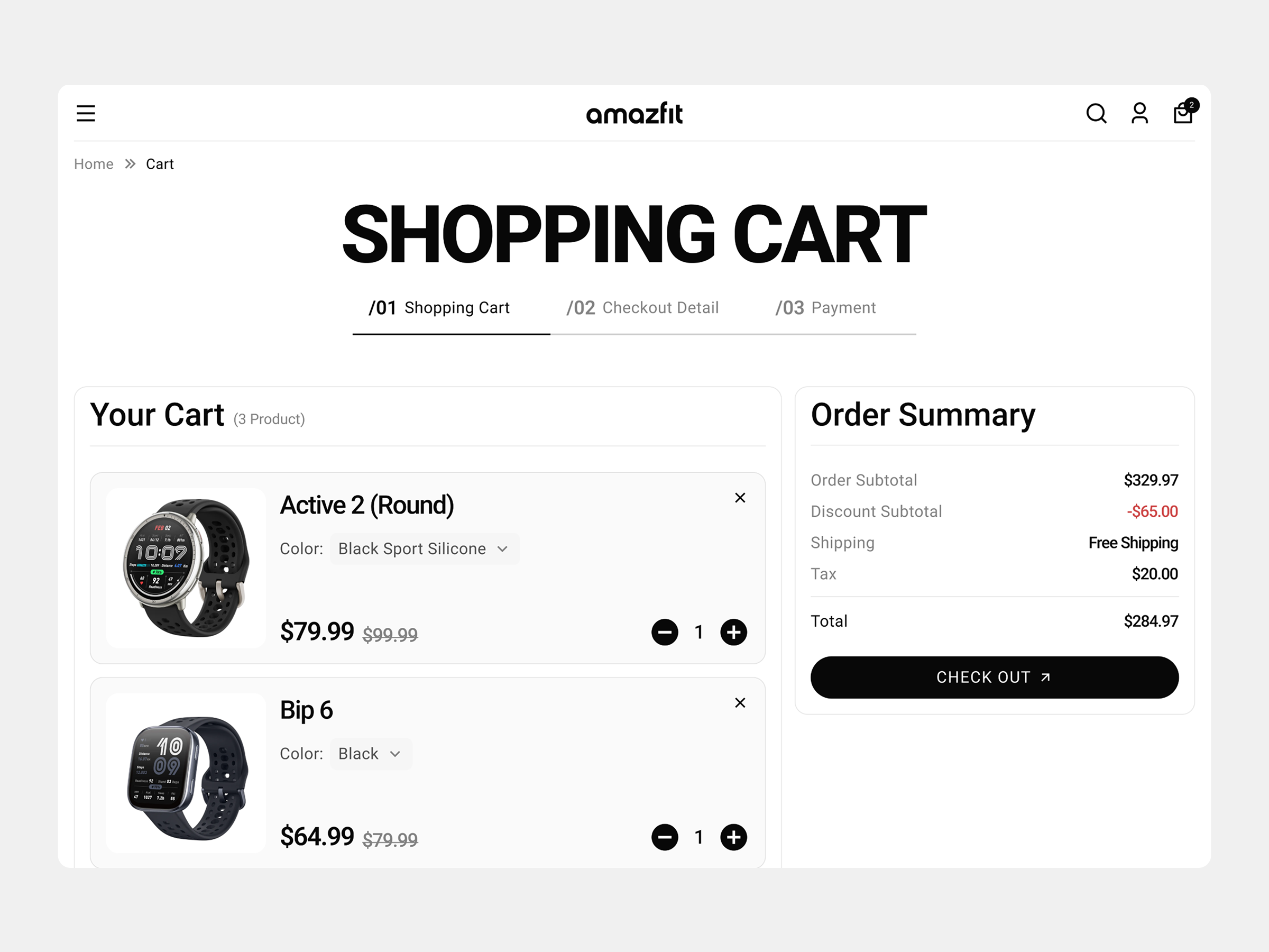 Amazfit - Shopping Cart cart checkout checkout detail checkout flow checkout page e commerce gpay invoice order summary pay pal payment shipping shop shop pay shopping cart shopping page store web design