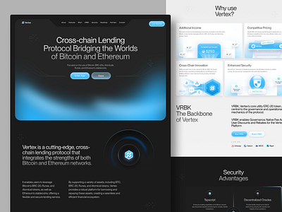 Vertex - Cross chain Lending Protocol blockchain ui clean interface cross chain crypto crypto design crypto landing page dark mode ui defi digital product design finance design finance landing page fintech ui gradient design lending modern ui product website protocol tech website web3 web3 design
