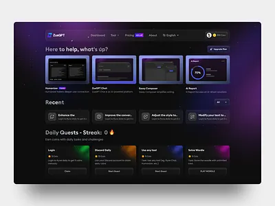 ZusGPT — AI-Powered Platform for Writing ai assistant ai copywriting tool ai dashboard ai for social media ai integration ai seo tool ai ux blog generator chatbot ui dashboard marketing marketing dashboard marketing tool product design saas saas product saas product landing page social media automation ui kit wavespace