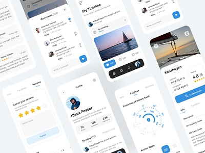 Community App UI for Sea Folks airbnb boat booking compass discover follow marina mobile ui occean post profile rating review sailor sea ship social media ui travel ui ux