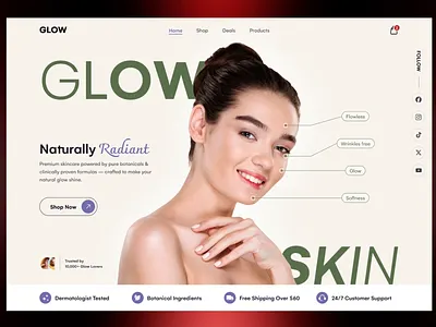 Glow — Interactive Skincare Ecommerce UI Motion 2026 b2b ecommerce b2c website beauty website best website design design dtc e commerce website design ecommerce ecommerce landing page ecommerce website design health website online store product page ui shopify store skincare skincare landing page skincare website web design web designer