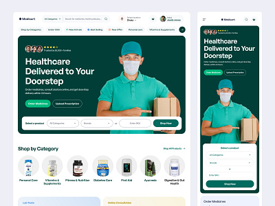Medicart – Online Pharmacy eCommerce Landing Page e commerce website ecommerce ecommerce website health tech healthcare landing page medical medical suppliment modern ui online pharmacy pharmacy pharmacy landing page product page ui design web design website website design