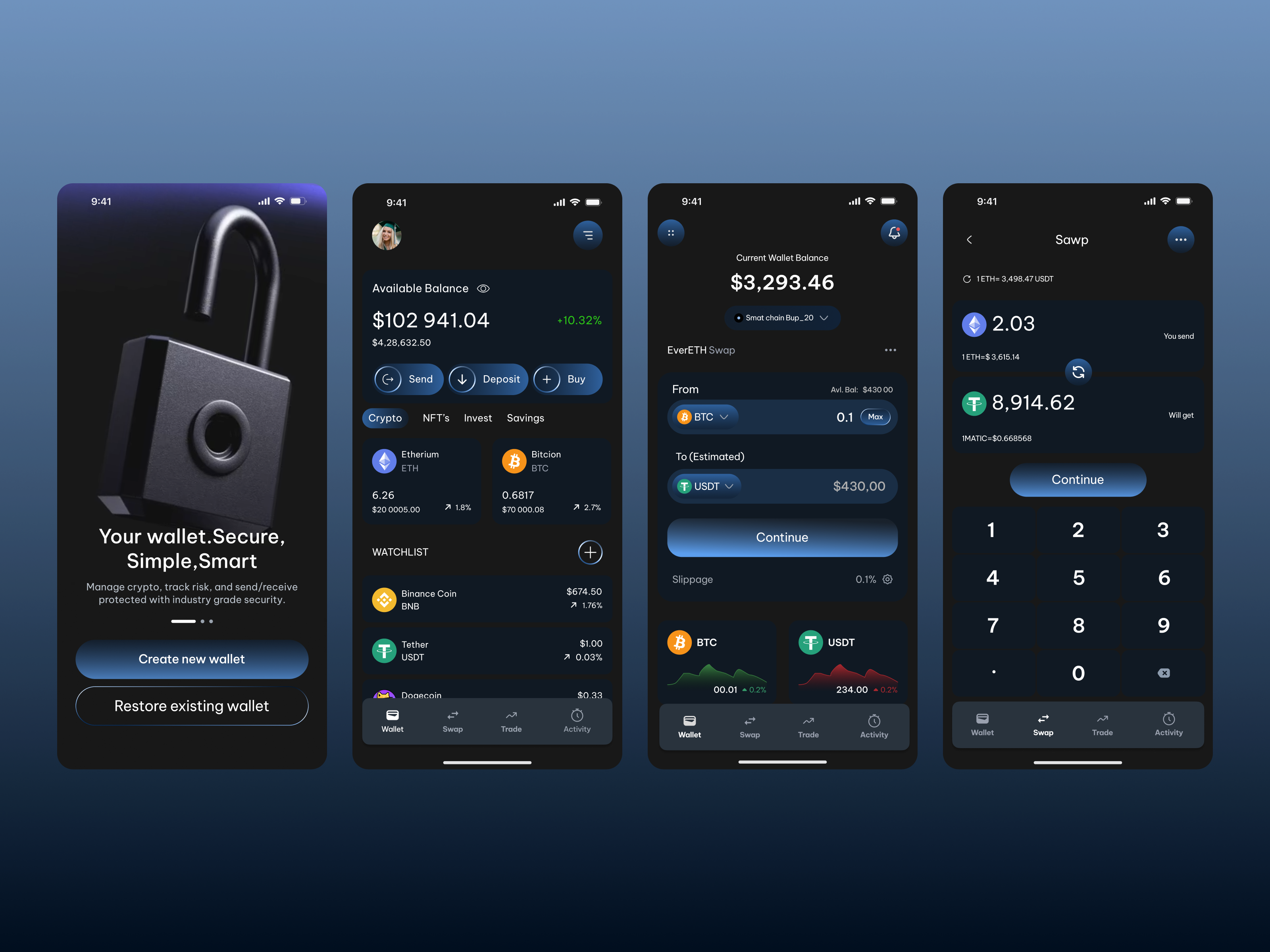 Modern Crypto Wallet App UI 3d blockchain app crypto app crypto exchange crypto trading app dark mode ui finance app fintech design futuristic ui ios app design mobile app ui neumorphism ui onboarding ui secure wallet swap screen token portfolio ui ui ui ux design wallet ui web3 ui