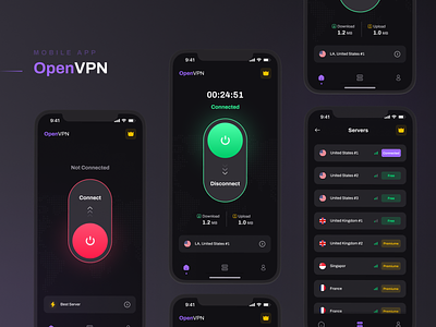 VPN Concept app appdesign application dark vpn darkmode design servers ui uidesign userinterface vpn vpnapp vpndesign