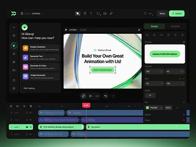MotionBreak — AI Driven Intelligence Saas of Motion Graphic 3d animation branding dark design dujima studio figma graphic design green jitter logo minimalist modern motion graphics saas ui uidesign uiux video editor website