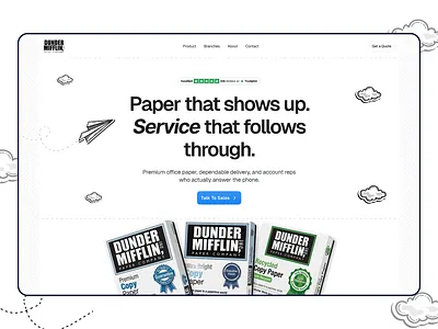 Dunder Mifflin Website Redesign — Hero Section clean ui corporate website doodles hero section illustration landing page marketing website minimal ui modern ui paper cloud paper plane paper website products prototype trust pilot typography ui design ux design web design website design