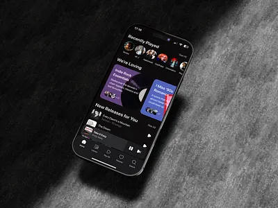 Dive Into Sound ✦ Music Discovery Home Screen app design artist audio track card dark mode ios minimal design music music player player playlist song tab bar track