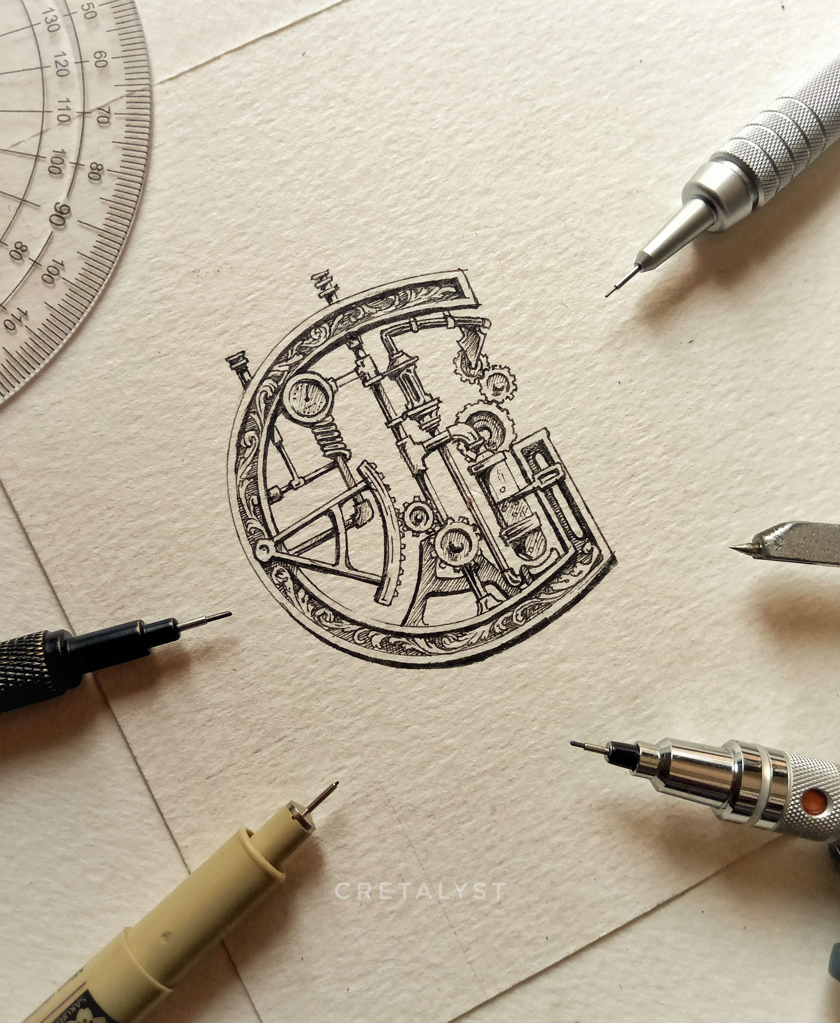 Inktober 2022 alphabets cretalyst g gear handlettering hardiksingh illustration ink inktober inktober2022 letter g lettering logo steampunk typography