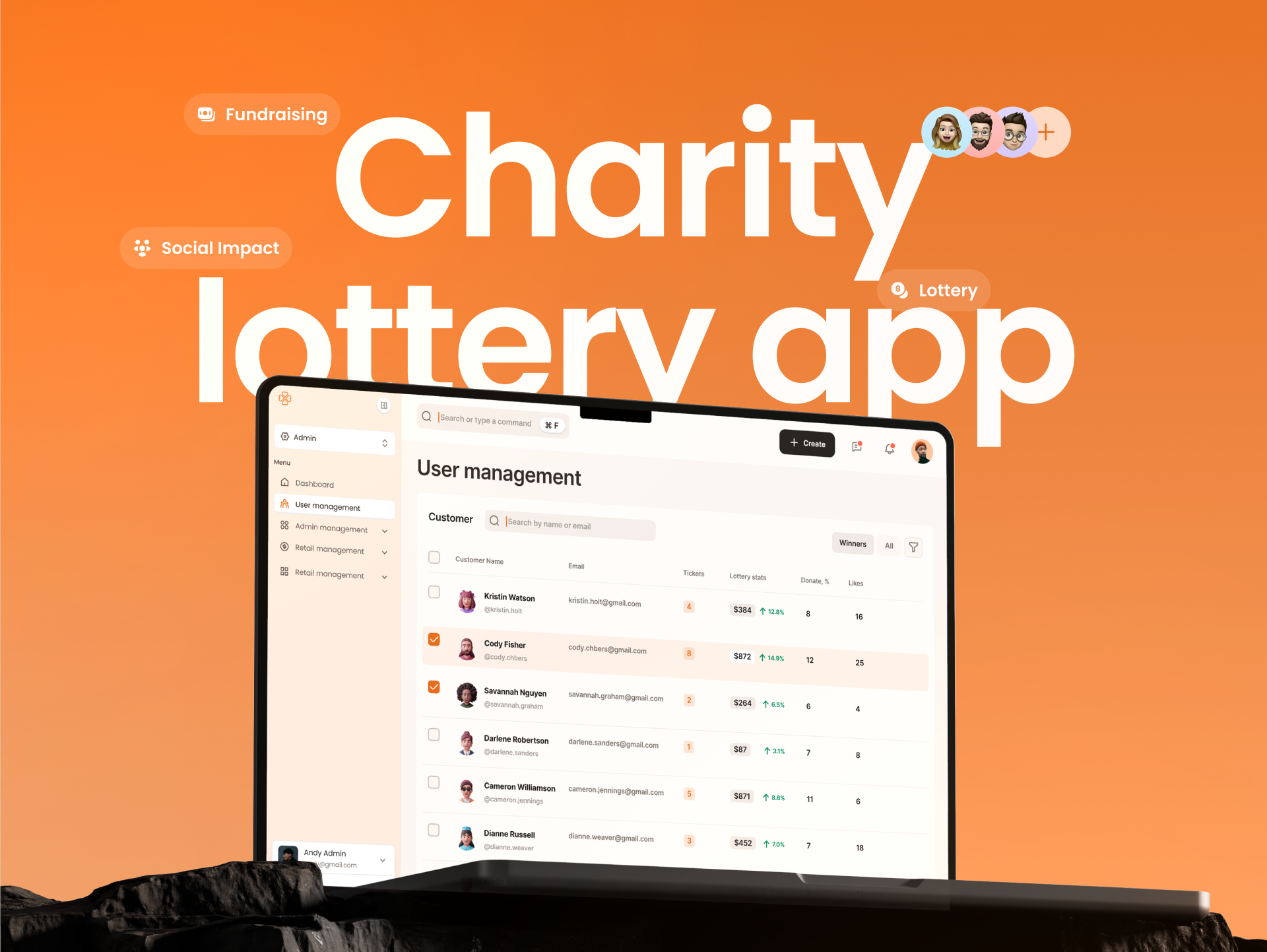 Charity Lottery App SaaS – Analytics Dashboard UI admin analytics business charity crm dashboard design fintech interface lottery mobile app payments product saas ui ui design ux ux design web web app