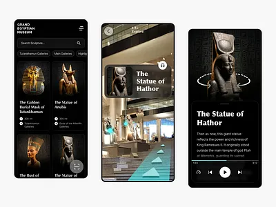 Grand Egyptian Museum – AR-Guided Exhibit Experience ar experience art direction cultural heritage dark ui exhibit guide exploration app mobile app modern interface museum app product design ui design ux design