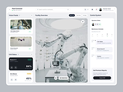 Future Robotics Dashboard - SaaS Web App UI admin panel automation clean ui control panel dashboard data visualization drone figma fleet management futuristic interface design minimalist product design robotics saas technology ui design ux design web application web design