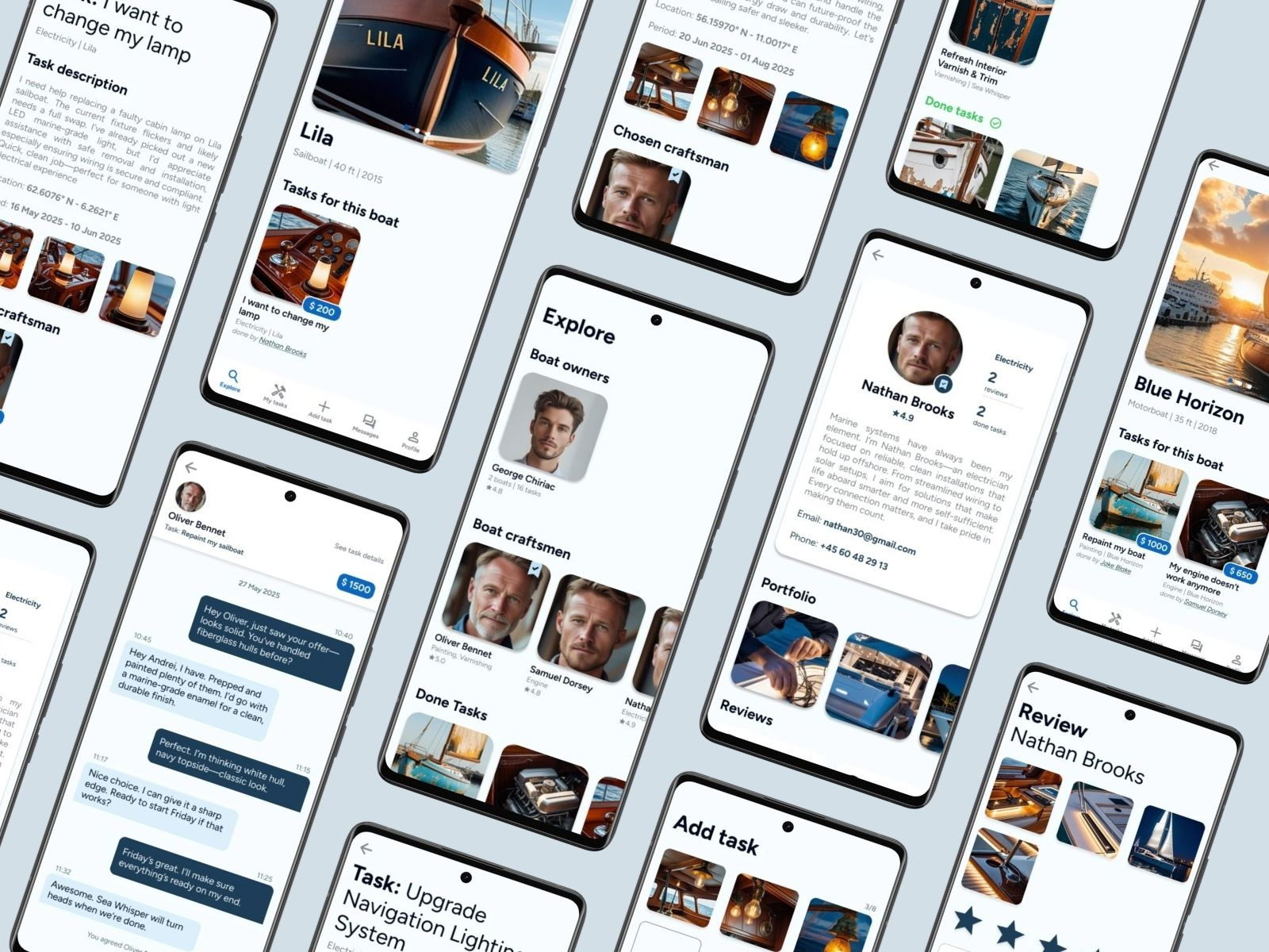 Mobile App Design - Boatasker app design boat app chat ui clean ui marketplace app minimal design mobile app mobile app design mobile ui product design profile ui service booking task management ui uiux ux uxui