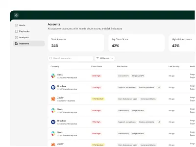 Accounts Overview – Customer Health ai b2b badges cards churn product design row saas score sidebar table tags ui web app