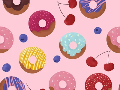 Bright Donuts With Berries on Pink. Seamless pattern berry donut fabric fashion food illustration packaging pattern seamless pattern textile