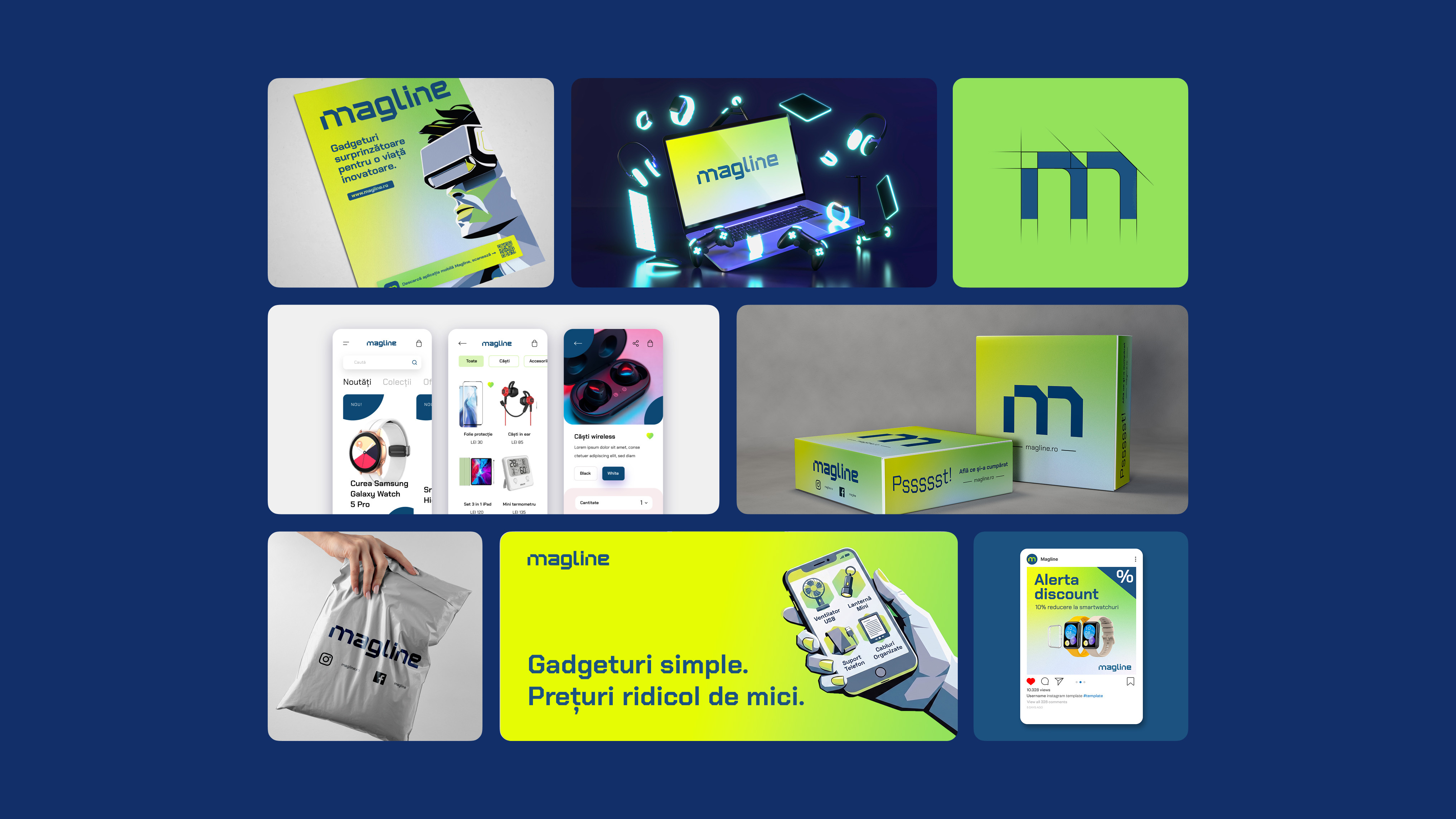 Magline Low Tech Shop adaptable brand system affordable gadgets bold gradient palette clean lines logo contemporary visual identity creative tech branding digital brand refresh geometric branding innovative design lime green yellow gradient logo design magline rebranding modern typography modular design navy blue branding smart accessories tech forward aesthetics tech identity tech marketplace tetris inspired logo