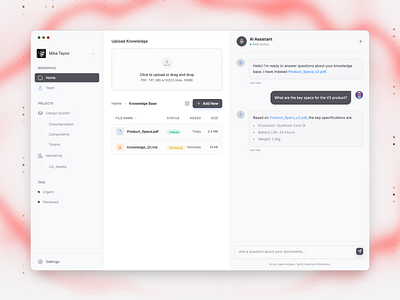 RAG | AI Knowledge Interface Dashboard ai ai assistant ai chat ai dashboard dashboard innovative knowledge management knowledgebase modern productivity productivity tools project management rag chat rag dashboard rag management rag ui startup design technology uiux design user friendly design