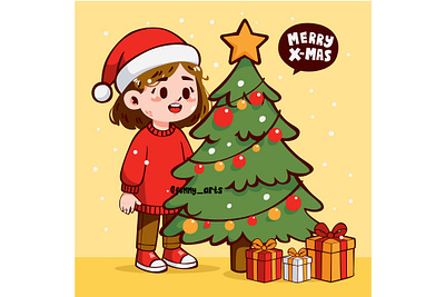 Cartoon Girl Standing Next to Christmas Tree background cartoon celebration christmas culture december decoration eve event festival festive gift happy holiday merry nativity ornament seasons tree winter