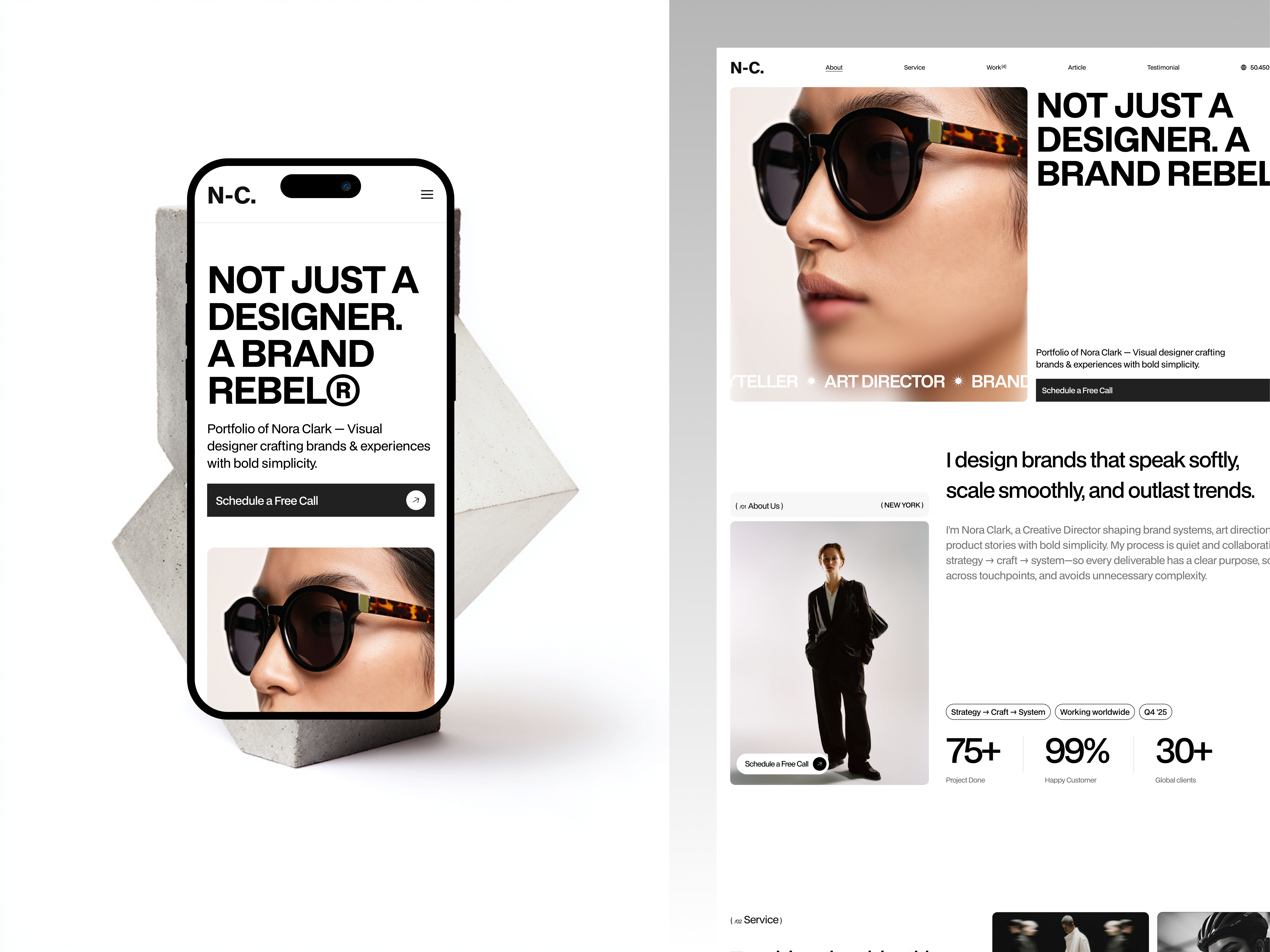 Nora Clark - Responsive Portfolio Website agency bold branding creative director dark fashion framer hompage iskhoirul landing page minimal minimalist personal portfolio personal website shopify web desin webflow website design wordpress