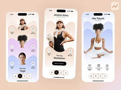 Yoga & Meditation App Design app bookingapp fitness graphic design healthcare meditation mindfullness mobile mobileapp session trainer trendy uiux wellness yoga
