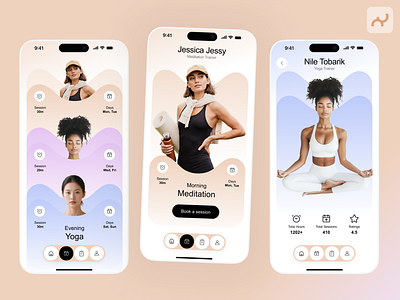 Yoga & Meditation App Design app bookingapp fitness graphic design healthcare meditation mindfullness mobile mobileapp session trainer trendy uiux wellness yoga