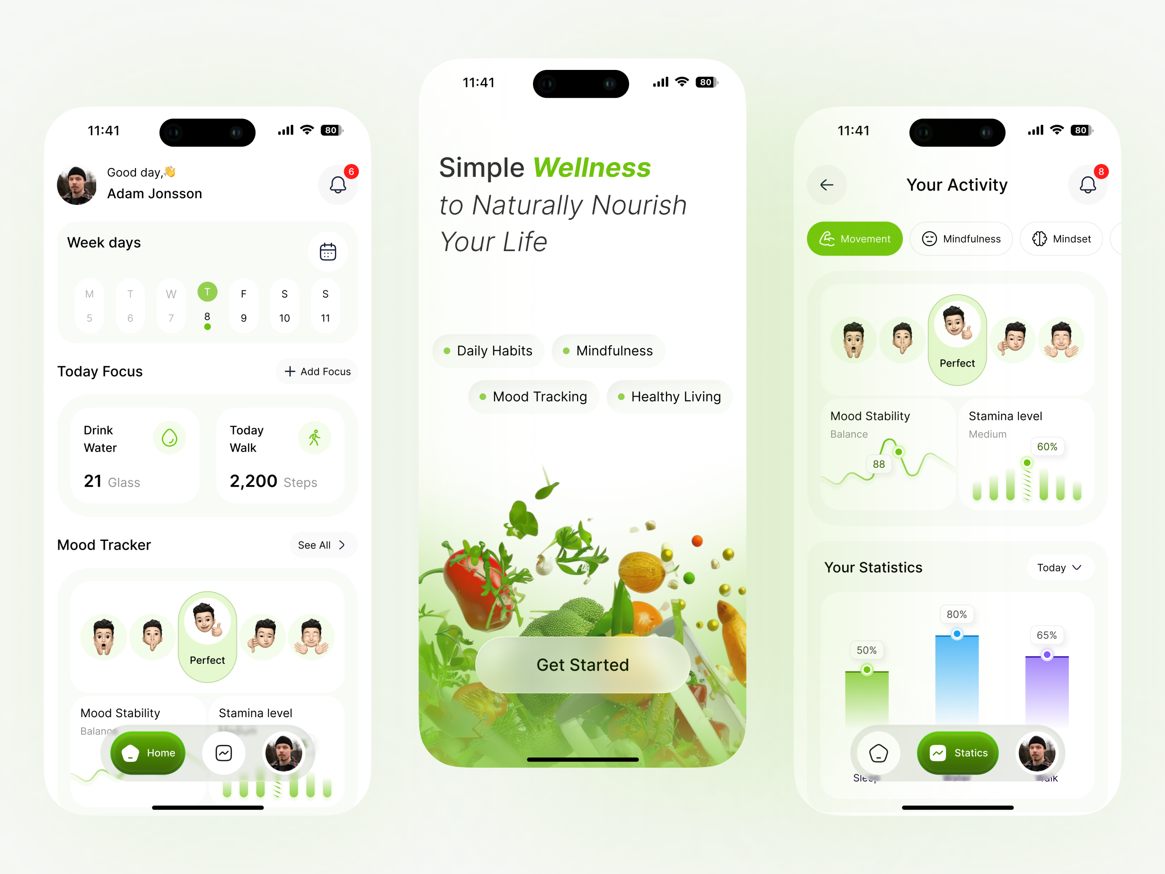 Wellness & Mood Tracking App UI | Health Activity & Daily Habit activity tracking app concept clean ui figma design fitness app habit tracker health app healthy living lifestyle app mental health ui mindfulness app minimal ui mobile ui modern ui mood tracker nature inspired ui product design ui design ux design wellness app
