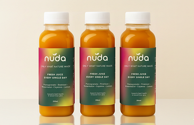 NUDA Juice Label & Logo Design – Minimal Beverage Branding beverage branding bottle label design brand identity design clean packaging design colorful label graphics custom label designer drink label mockup drink product design fresh juice branding fruit juice packaging health beverage branding juice label design minimal logo design modern label design nuda juice logo organic juice label packaging inspiration premium beverage design professional branding designer refreshing product branding