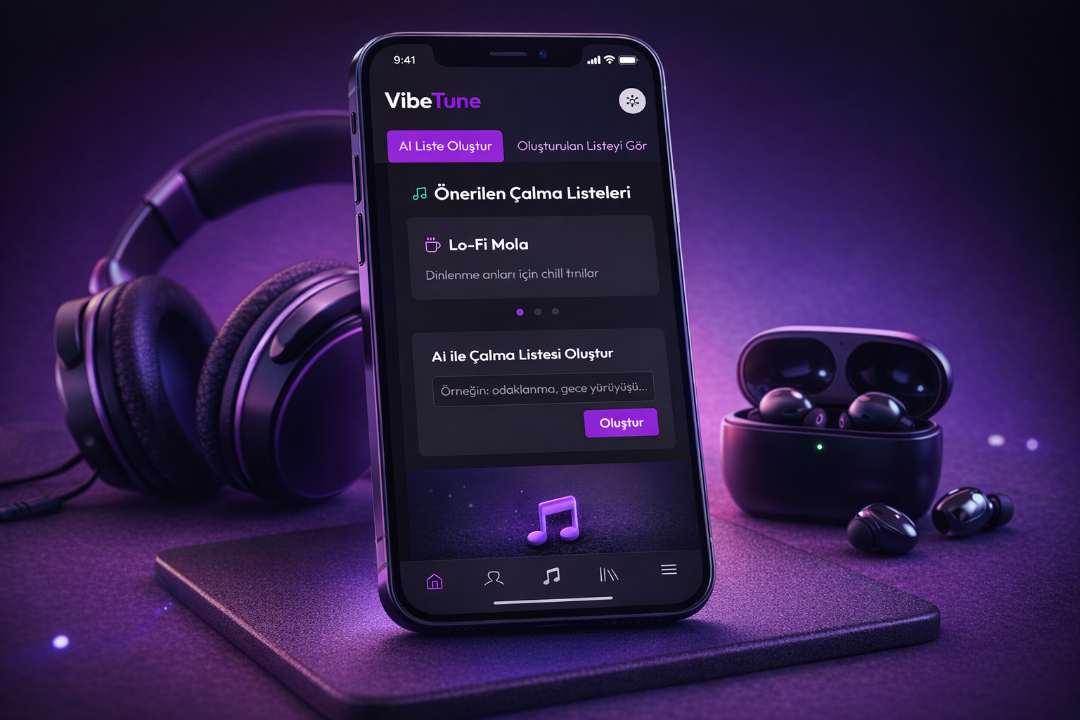 VibeTune — Neon Music App UI (React + Tailwind + TS + Spotify AP ai powered app app design dark theme dashboard ui frontend developer glassmorphism gradient design mobile ui modern ui music app neon design playlist app product design react developer spotify app tailwind css typescript ui design ux design web app ui