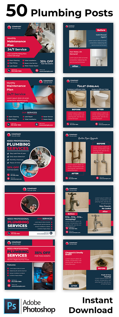 50 Plumbing Services Instagram Post Templates for Canva business posts clean layouts content pack content templates design collection editable canva posts editable elements instagram templates marketing posts modern designs plumbing content plumbing designs plumbing feed plumbing templates plumbing visuals service posts simple layouts social media graphics social toolkit template bundle