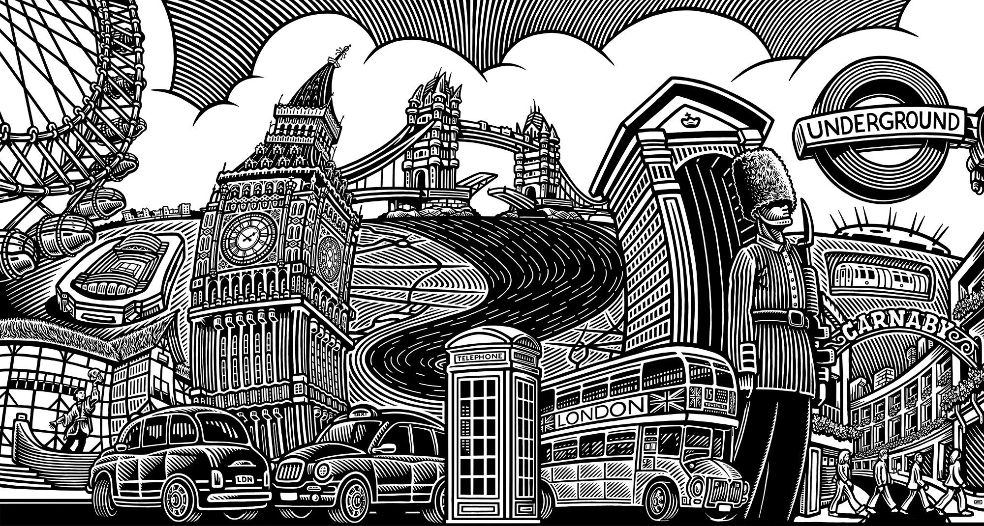 Qualtrics London Mural branding bw illustration mural