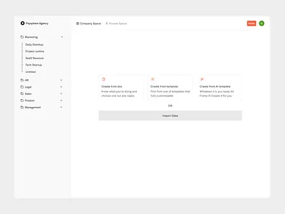 Import Data ai clean dashboard doc doc creation document document creation management minimal minimalistic nav bar navigation project management saas ui ux web app white workspace workspace creating