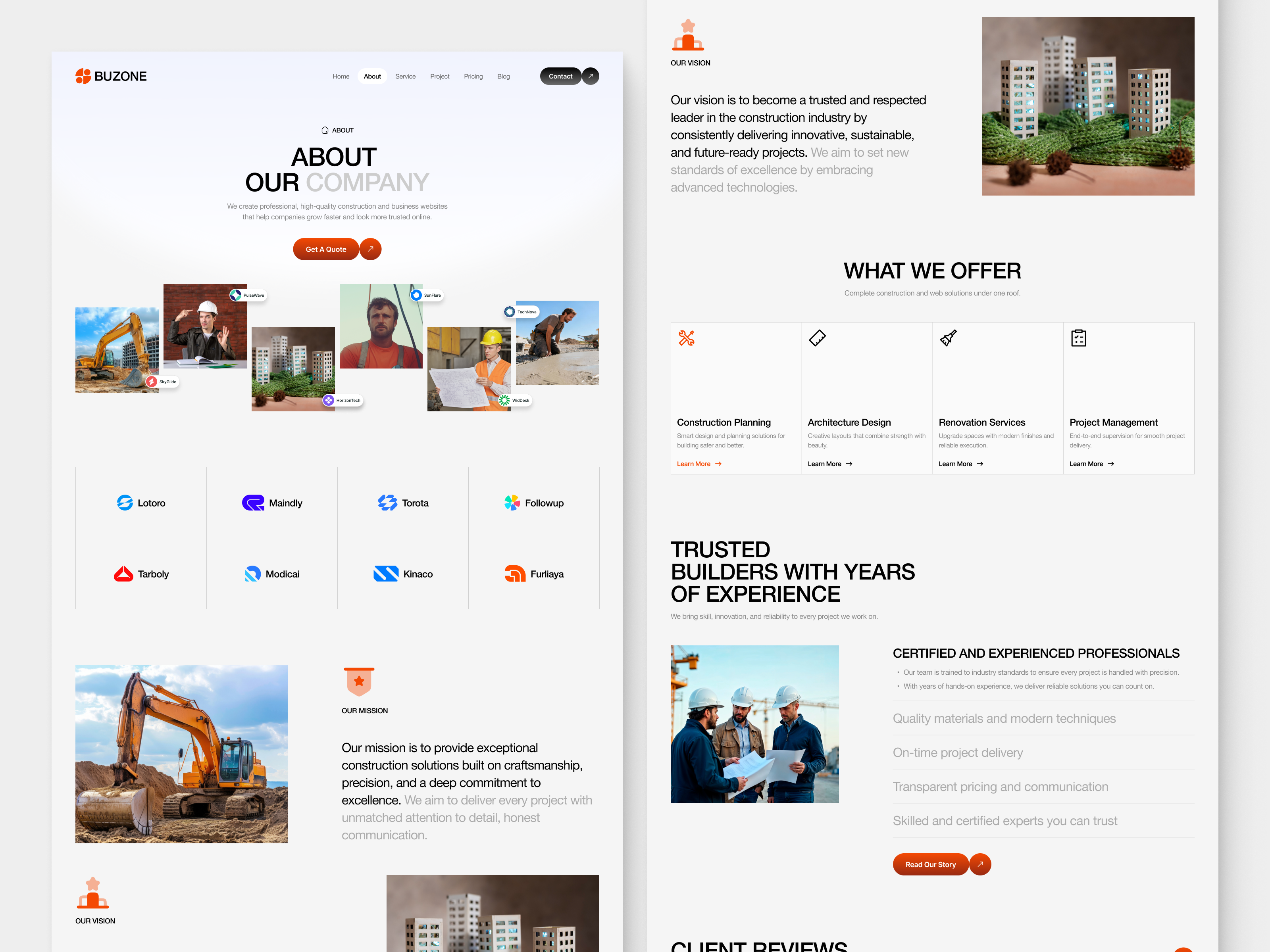 Construction Company Responsive Website UIUX Design | About us interface product service startup ui ux web
