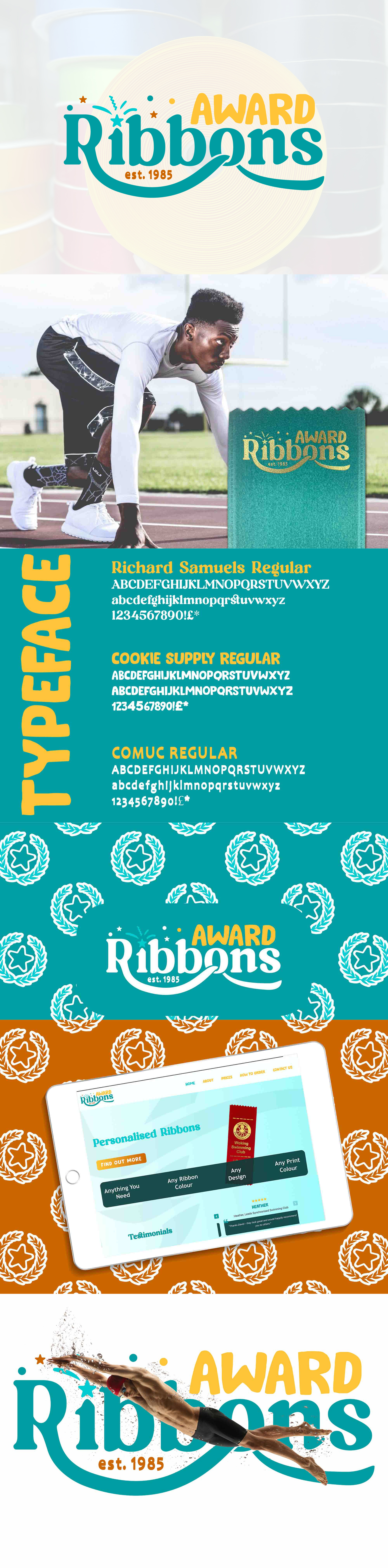 Visual Identity & Logo Design for Award Ribbons bold branding brand identity design brand refresh colourful branding custom type identity system logo design pattern design playful logo print brand print design responsive web design retro logo ribbon company logo sports branding typography design uk designer visual identity website design
