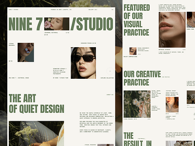 Nine 7 Studio - Landing Page 10am 10am space aesthetic bold bold text clean editorial exploration green heading identity image landing page layout magazine minimal modern typography visual website