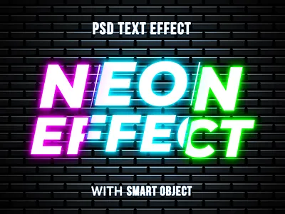 Multicolor Neon on Brick Wall - PSD Mockup 80s brick wall club colorful cyberpunk electric futuristic gaming glitch glowing gradient multicolor neon night party retro street synthwave tech urban