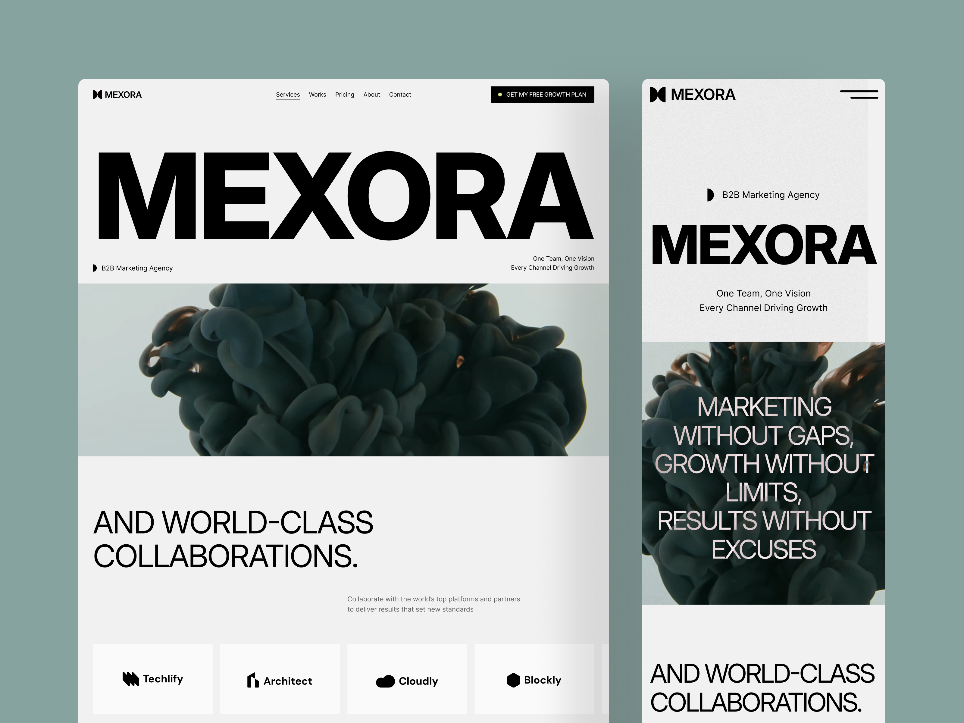 Mexora: Premium Agency Template Motion agency website b2b design branding clean clean ui creative agency design system framer framer template graphic design landing page minimal portfolio template ui ui kit web design webflow website website template