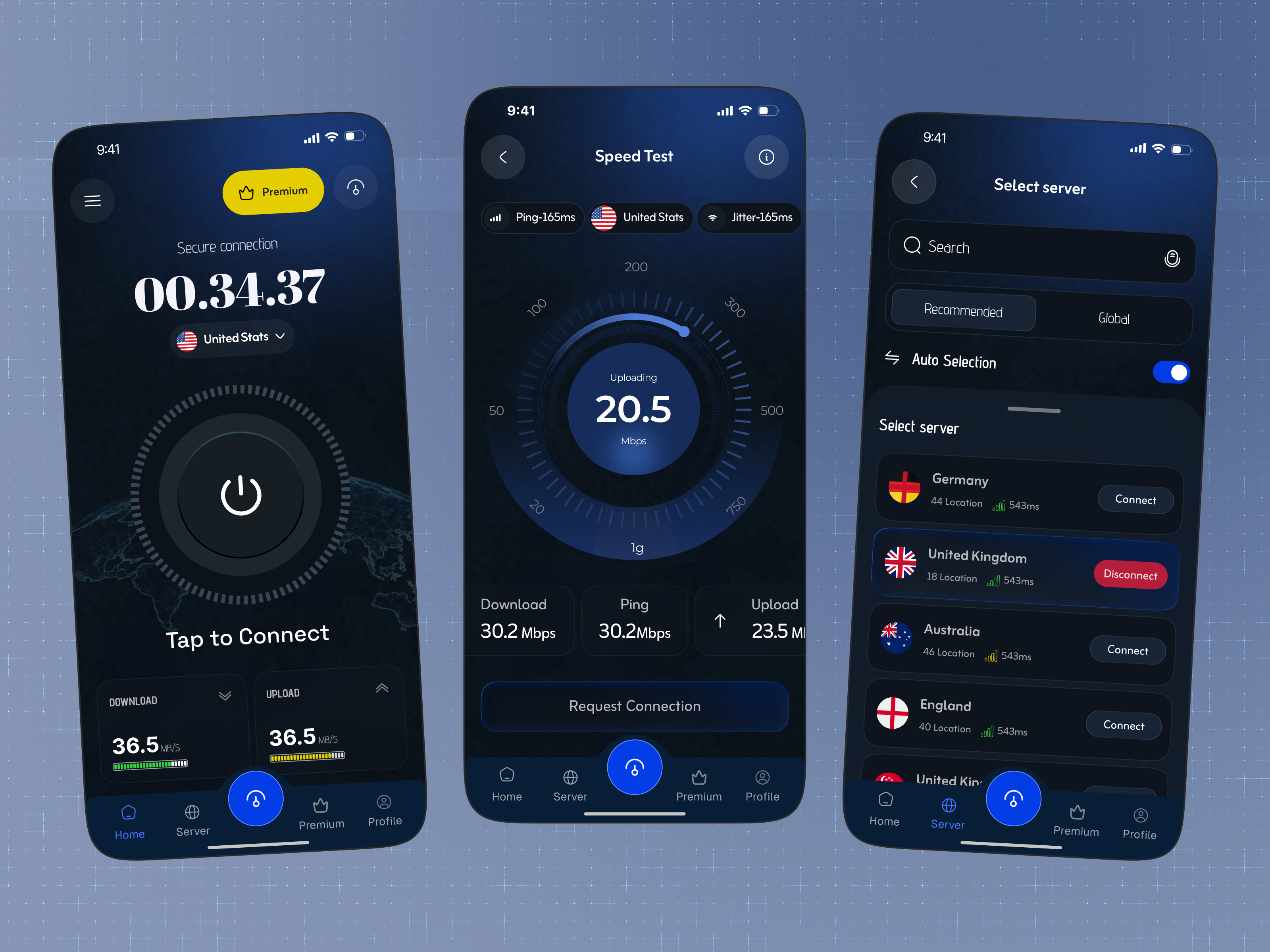 VPN Mobile App Design app design cyber security dark mode ui ios app design mobile mobile app mobile app design networking app product design security app server selection speed test ui ux design vpn app vpn concept