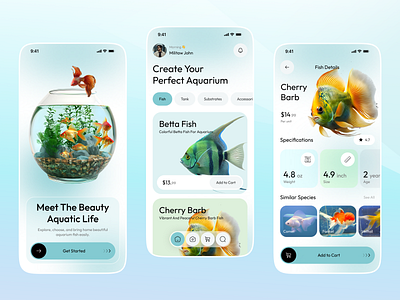 Aquarium Shop App – Modern & Fresh UI Design app concept app designer aquarium ecommerce fish app fish store minimal design mobile mobile app modern ui pet shop product page shopping app ui design ui ux designer for app ux design