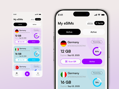Modern eSIM Management App UI app concept app interface card ui clean ui dashboard data plan esim fintech style interaction design ios app minimal ui mobile mobile app mobile app design mobile ui modern ui product design telecom app ui design ux design