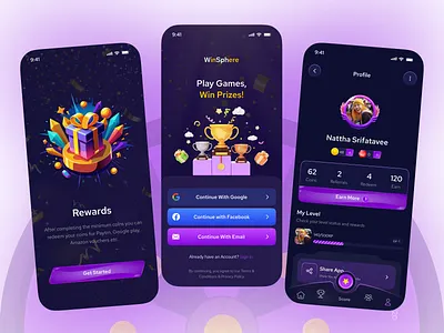 WinSphere – Your Gateway to Next-Level Gaming. darkmodeui dashboard game game ui game ux gamehub gaming app get started leaderboard log in mobile app mobile gaming nextlevel gaming play profile sign in sign up splash uiux design winsphere