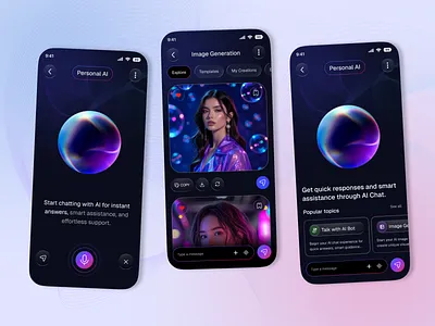 AI-Powered Mobile App UI/UX ai assistant app ai chat app ai mobile app ai ui design chatbot app ui cleanui creative app ui dark ui design design veli image generation app minimal app design mobile app concept mobile interface design modern ui ux neon ui next gen app design product design ui smart ai app ui design ux inspiration