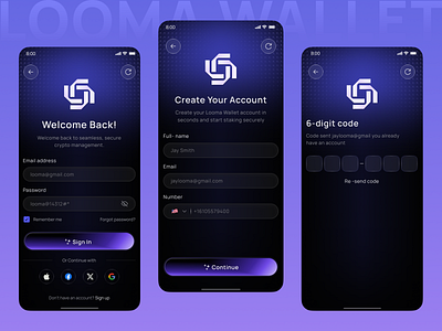 Login & Signup Page UI Design | Looma Wallet App appdesign clientfocused dailyui dribbbleshot fintechui login login screen login ui loginscreen loomawallet minimalui mobileui moderndesign onboardingui registration sign up signupscreen uiinspiration uxuidesign walletapp