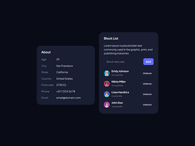 Raven Admin - User Cards Dark UI dark admin dashboard dark admin ui dark ui user about user block list user cards users list