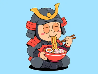 Samurai Enjoying Ramen Noodles art bowl character chopsticks costume cute design expression fantasy funny happy hungry icon japan manga mascot outfit samurai soup warrior