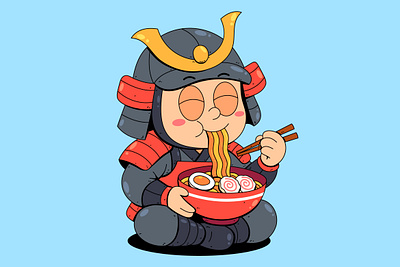Samurai Enjoying Ramen Noodles art bowl character chopsticks costume cute design expression fantasy funny happy hungry icon japan manga mascot outfit samurai soup warrior