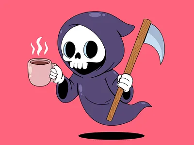 Grim Reaper Enjoying Coffee barista beverage cappuccino cartoon style character coffee addict coffee time concept cute death ghost halloween hot humor icon macabre reaper scythe skeleton smile