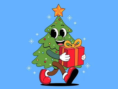 Happy Christmas Tree Delivering a Gift artwork background celebration character cheerful christmas costume creative december holiday decoration gift greeting happy joyful magic merry new year smiling surprise tree