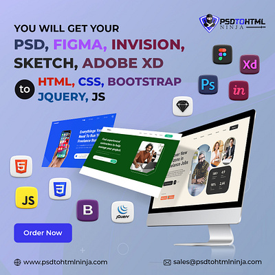 Design (PSD, Figma, XD) to Code (HTML, CSS, WP) Conversion ai to html bootstrap design to code figma to html figma to wordpress html css invision to html jquery psd to html psd to wordpress responsive design sketch to html ui to code website development wordpress development xd to html xd to wordpress